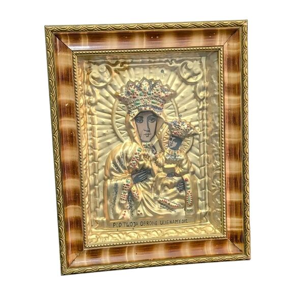 Byzantine Madonna Virgin Mary Jesus Icon Religious Framed Ornate Art icon gold